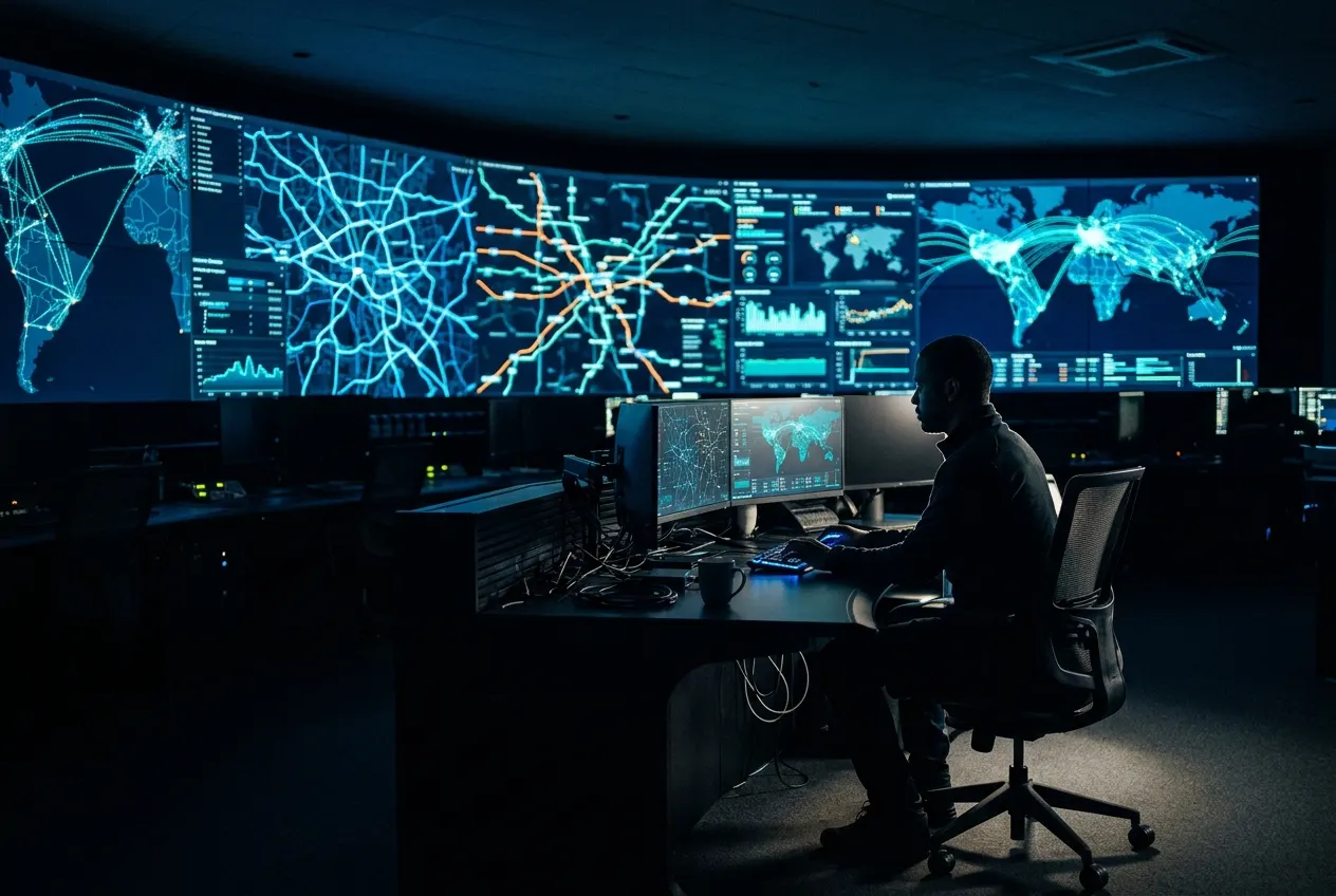 Bodhatek network operations center with live dispatch maps